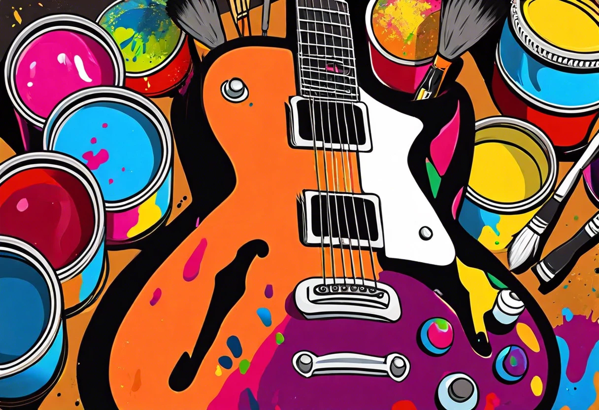 Vibrantly painted guitar body surrounded by spray paint cans in various colors, illustrating the process of painting a guitar with spray cans.