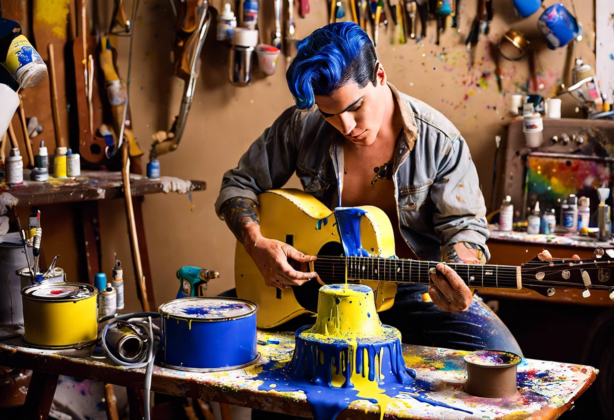 Person painting a guitar using Graco Quick Shot with colorful paint drips.