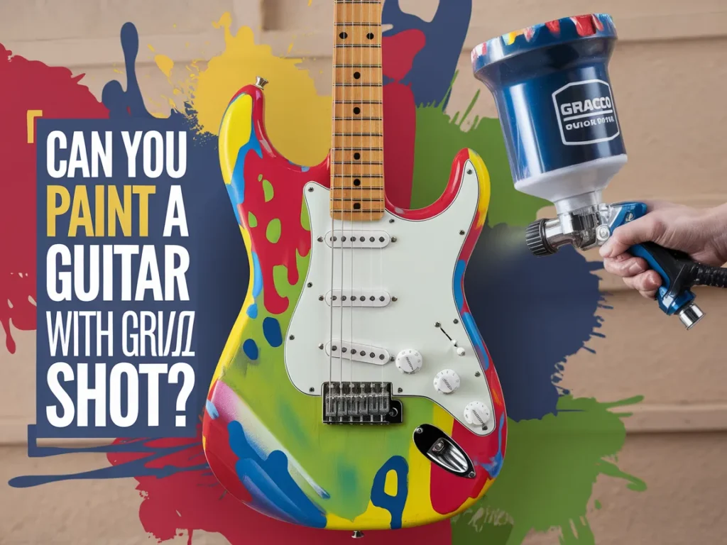 A colorful guitar being painted with Graco Quick Shot, showcasing vibrant colors.