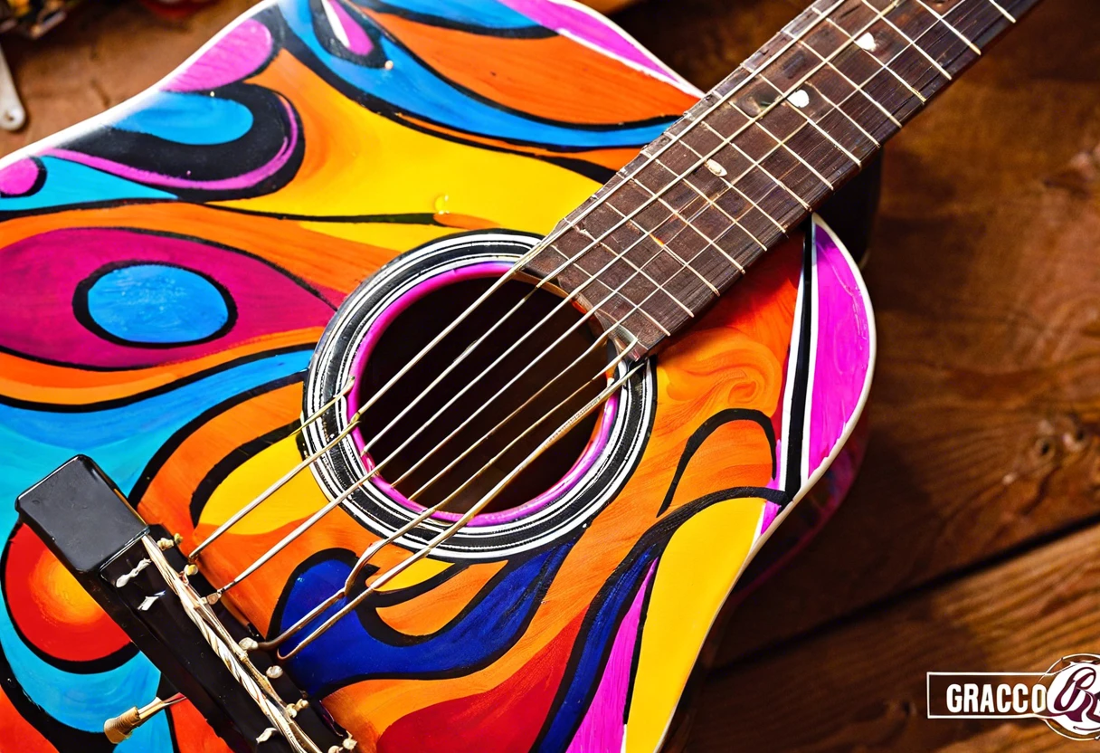 Colorful painted guitar using Graco Quick Shot for creative projects.
