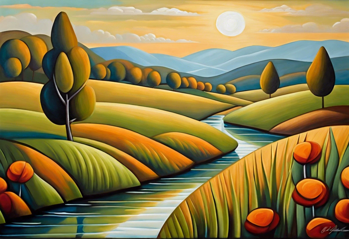 A vibrant landscape painting showcasing hills, trees, and a river, illustrating the creative potential of painting on hardboard.