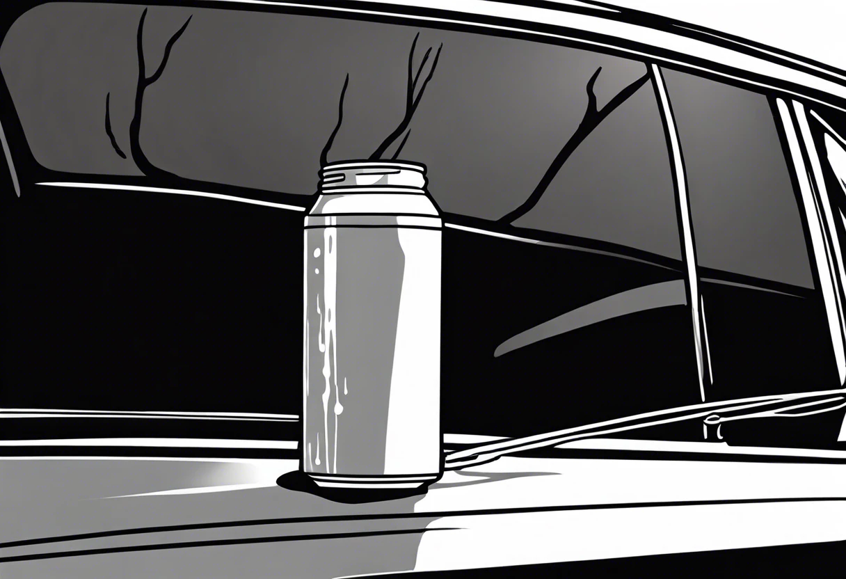 A can of paint sitting on a hot car dashboard, illustrating risks of leaving paint in high temperatures.