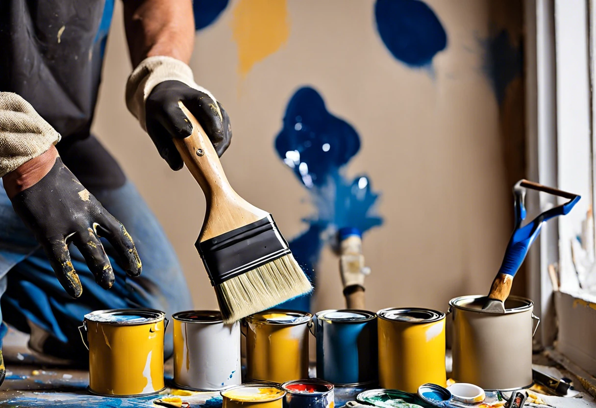 Person painting a house with a brush over cans of colorful paint.