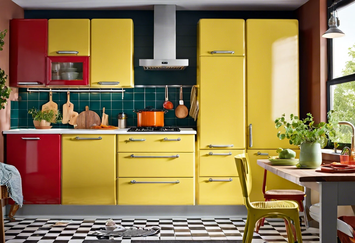 Bright yellow and red painted Ikea cabinets in a modern kitchen setting, showcasing the potential for painting Ikea cabinets.