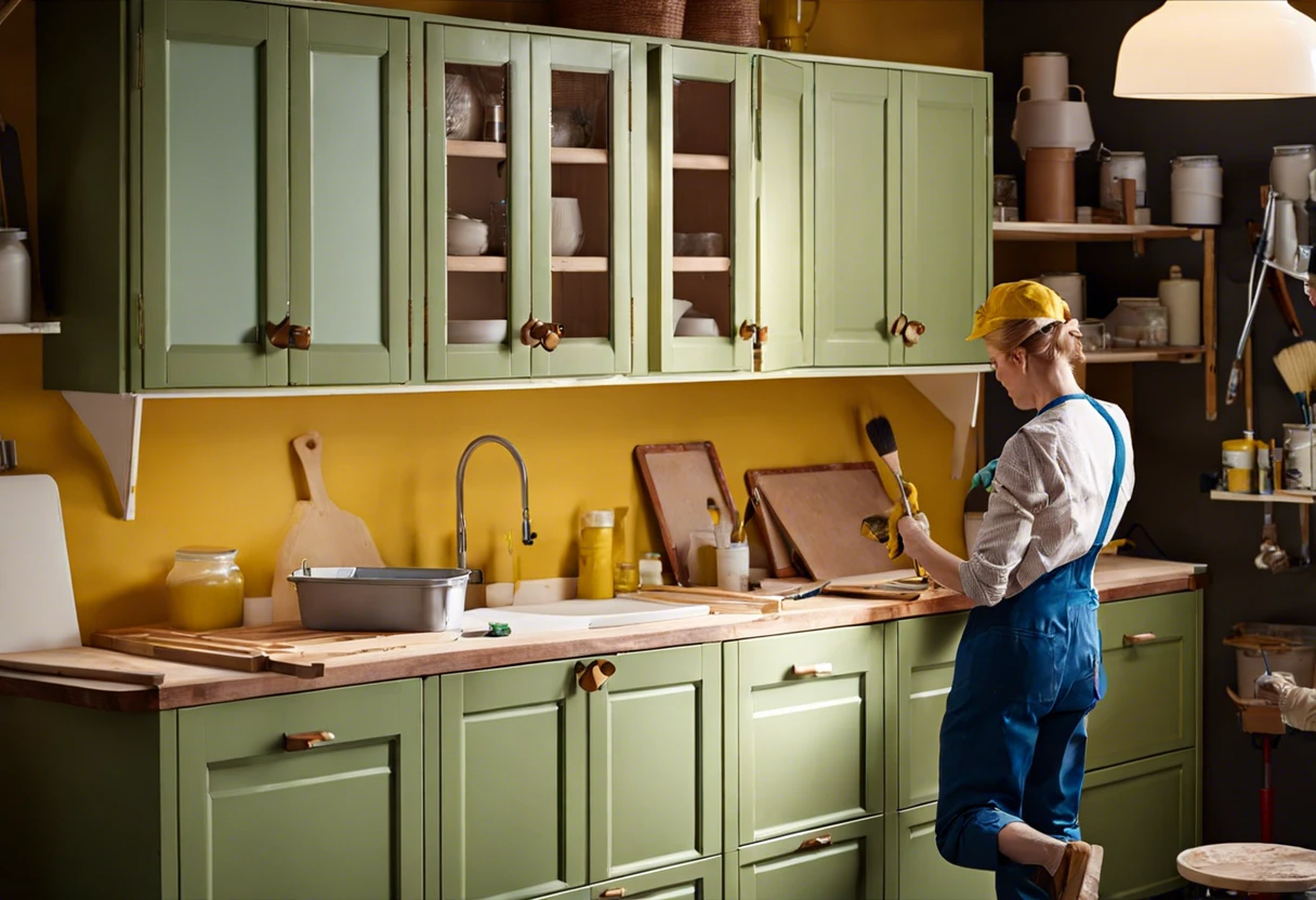 A person painting green Ikea kitchen cabinets in a bright kitchen setting