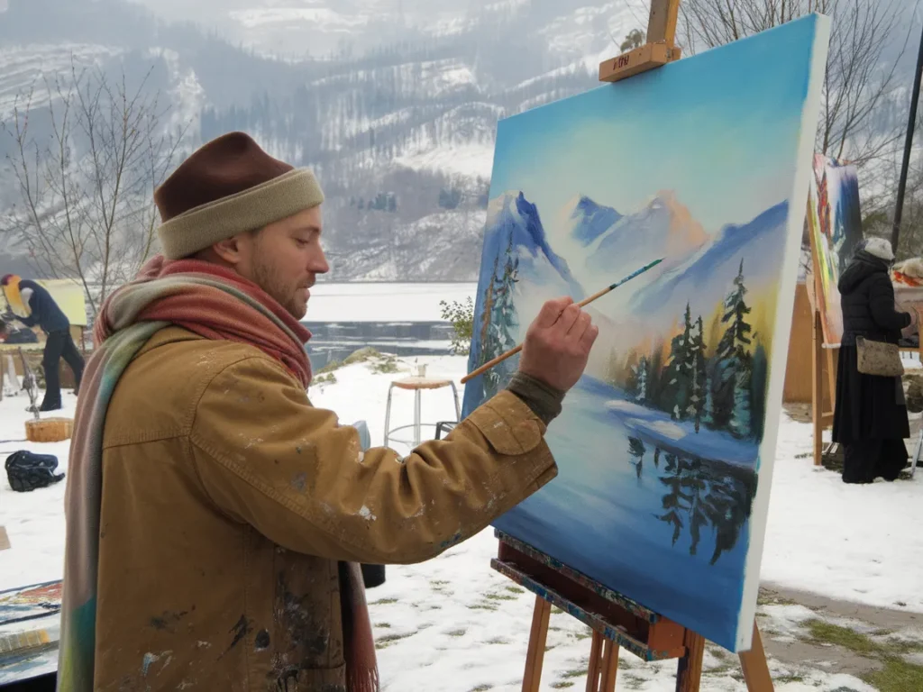 Artist painting landscape scene in cold weather conditions, highlighting tips for painting in low temperatures.