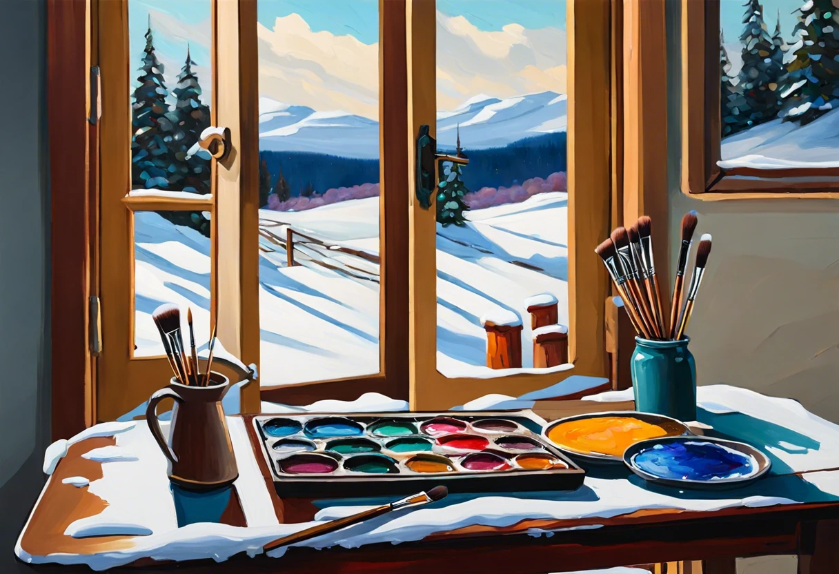 A cozy indoor painting setup with a view of snowy mountains, illustrating how you can paint in cold weather inside.