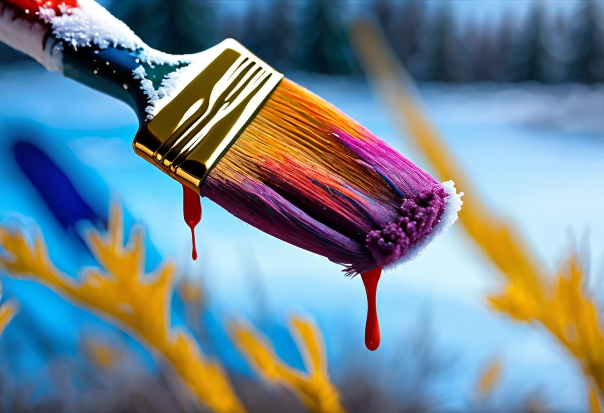 A paintbrush with snow and dripping paint, illustrating the challenges of painting in cold weather