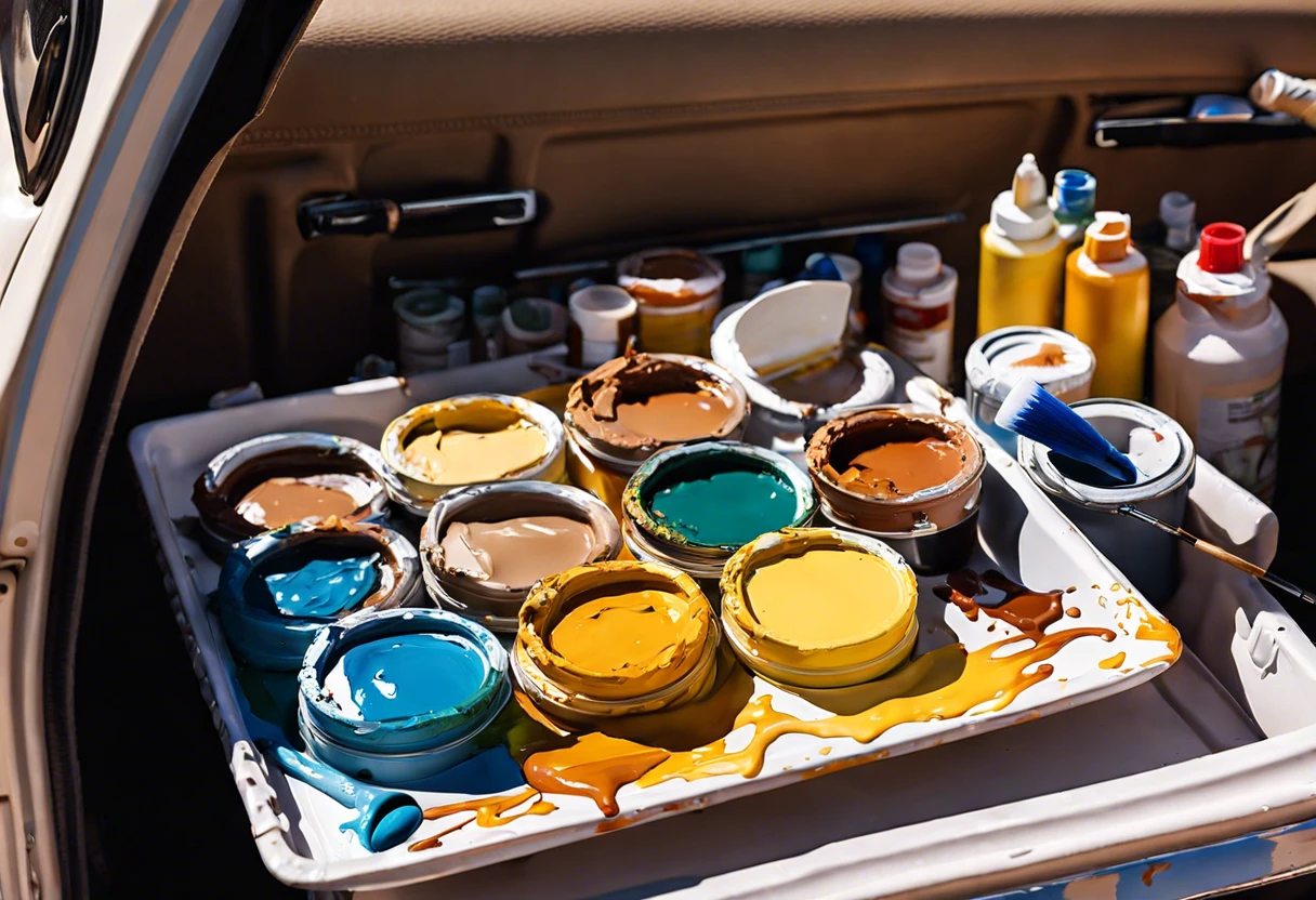 Cans of paint inside a hot car, illustrating the effects of heat on paint quality.
