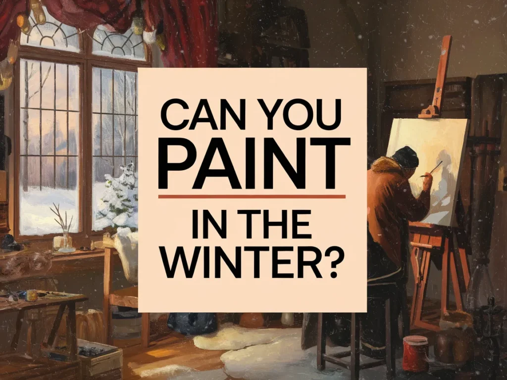 A cozy indoor scene depicting a painter working at an easel near a window with a winter landscape outside, highlighting the theme of painting in winter.