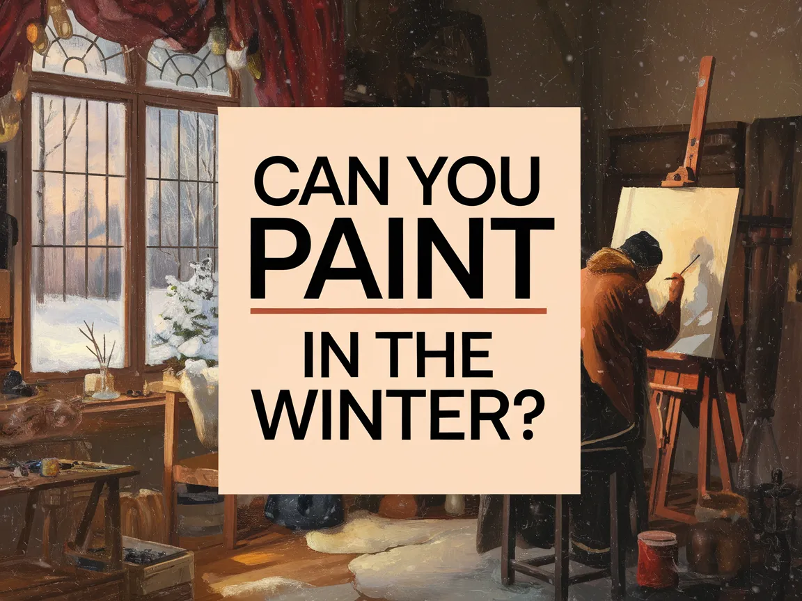 A cozy indoor scene depicting a painter working at an easel near a window with a winter landscape outside, highlighting the theme of painting in winter.
