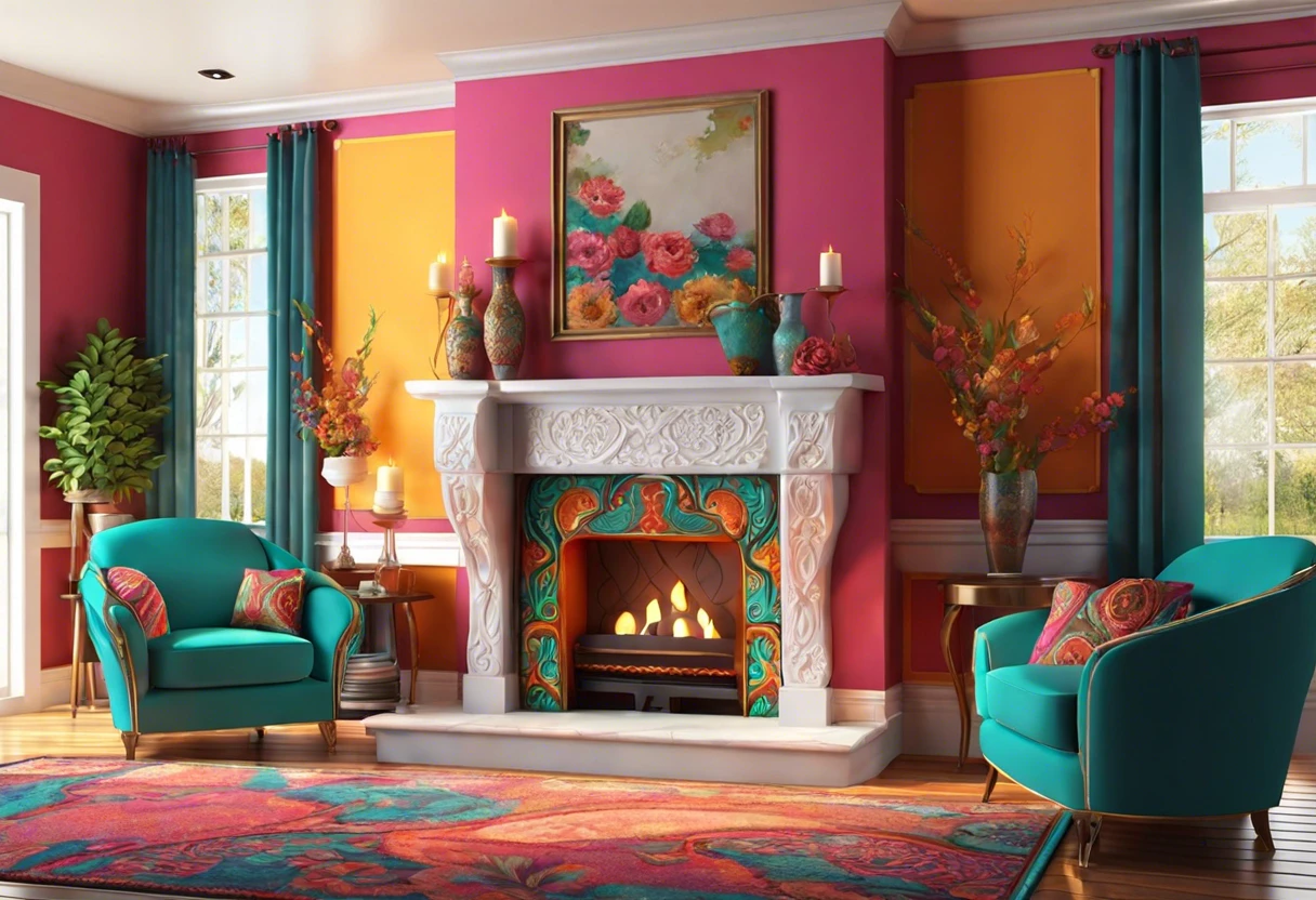 Vibrant living room with a painted fireplace showcasing bold colors and decorative elements, illustrating options for painting the inside of your fireplace.