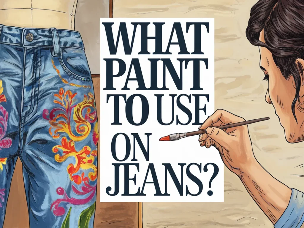 A person painting colorful designs on jeans with a brush, illustrating what paint to use on jeans.