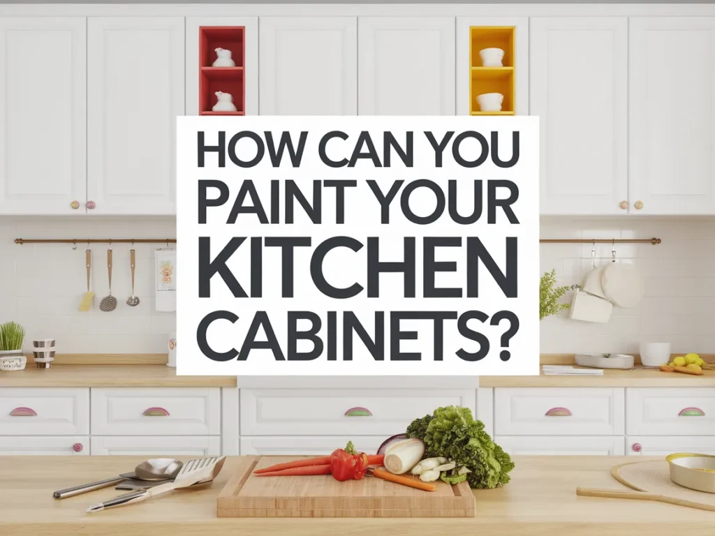 A modern kitchen with white cabinets and the question 'How can you paint your kitchen cabinets?' displayed prominently.