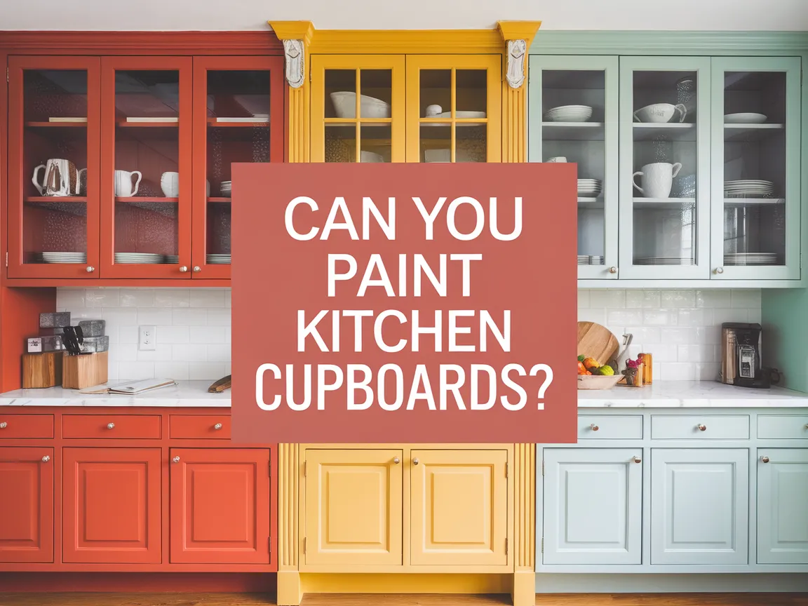 Colorful kitchen cupboards painted red, yellow, and blue showcasing the possibility of painting kitchen cabinets.