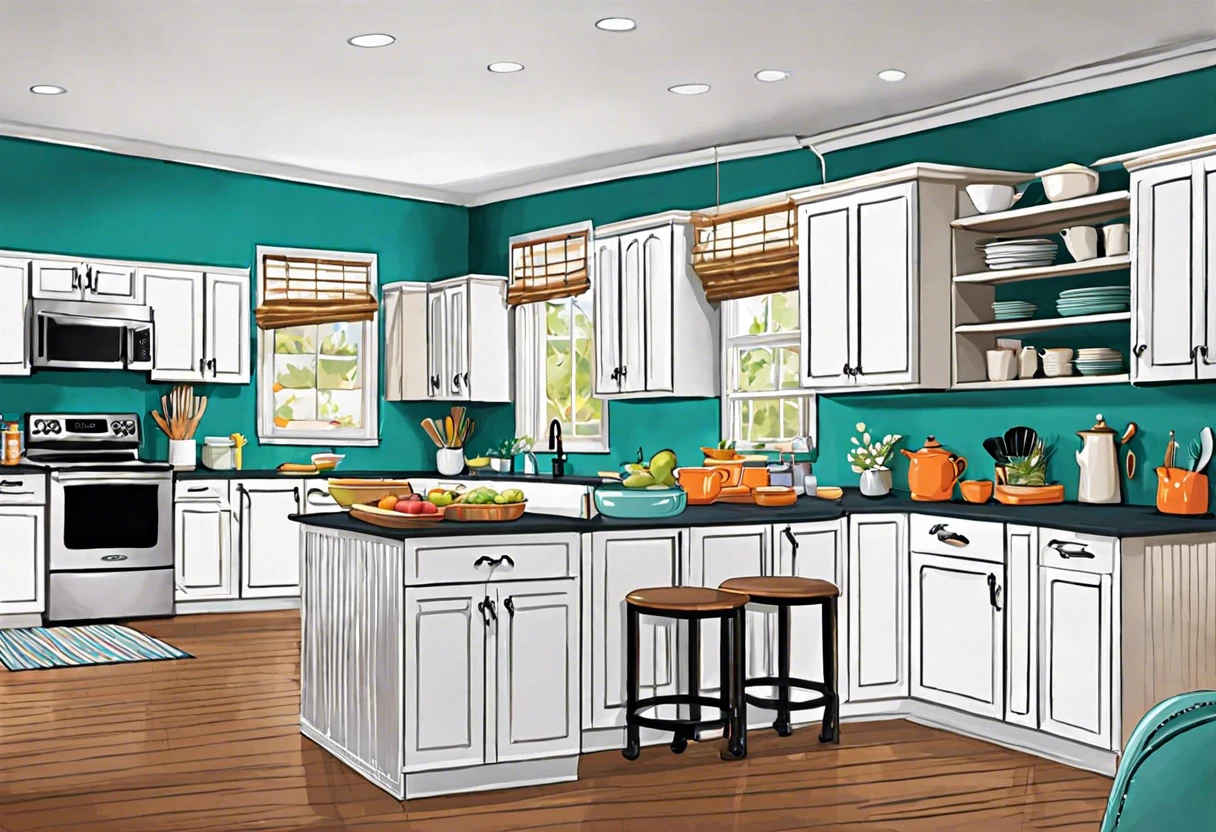 A bright and modern kitchen showcasing painted cupboards with a teal accent wall