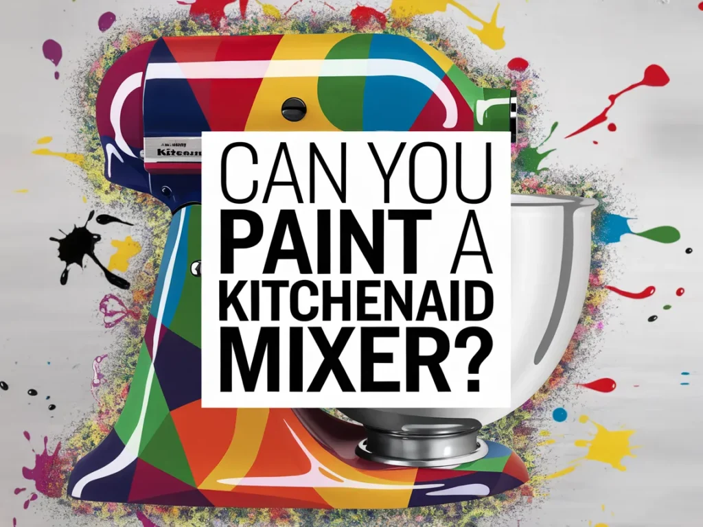Colorfully painted KitchenAid mixer with splashes of paint, addressing the question of painting a KitchenAid mixer.