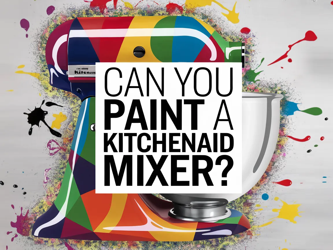 Colorfully painted KitchenAid mixer with splashes of paint, addressing the question of painting a KitchenAid mixer.