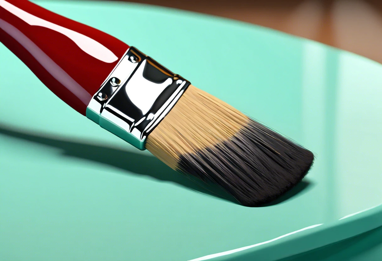 A paintbrush resting on a turquoise plate, illustrating the painting process on laminate surfaces.