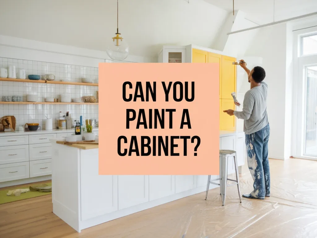 A person painting a laminate cabinet in a modern kitchen setting, illustrating the process of painting a laminate cabinet.