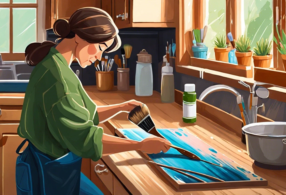 A person applying paint to laminate cabinet doors in a bright kitchen, illustrating the process of painting laminate cabinets.
