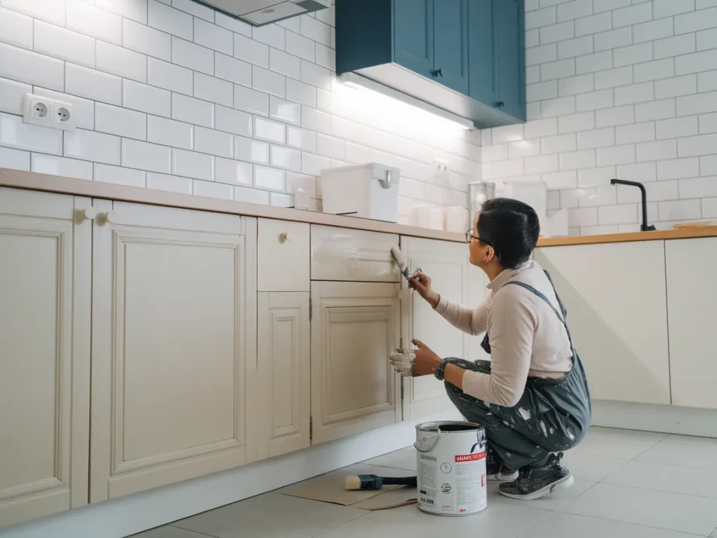 Person painting laminate cabinets with a roller brush in a modern kitchen.