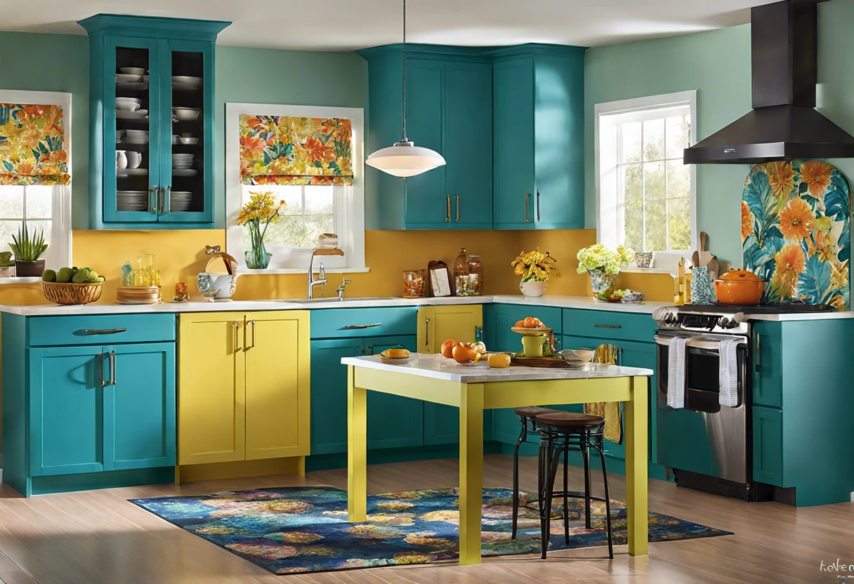 Vibrant teal and yellow laminate cabinets in a modern kitchen showcasing painted surfaces.