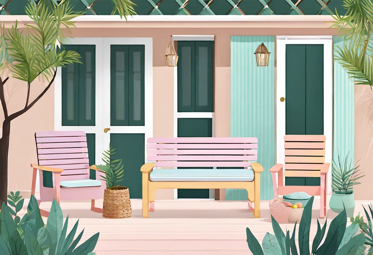 Colorful painted laminate furniture set in a stylish outdoor setting