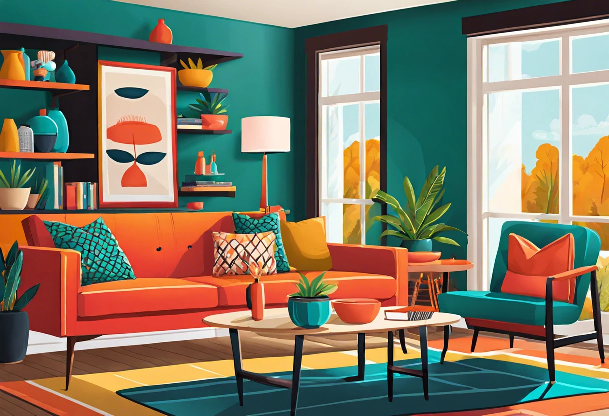 Colorful living room with painted laminate furniture, showcasing design ideas.