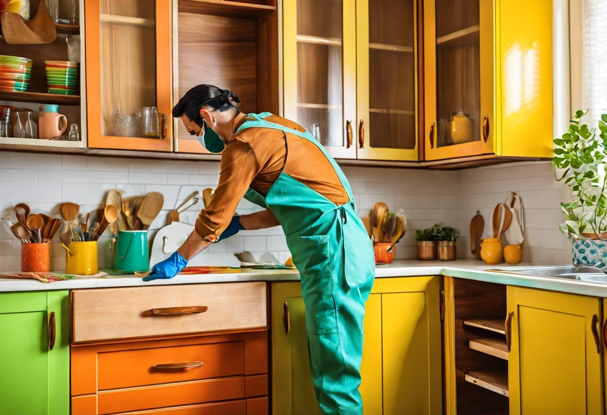 Person painting laminated kitchen cabinets with colorful finishes