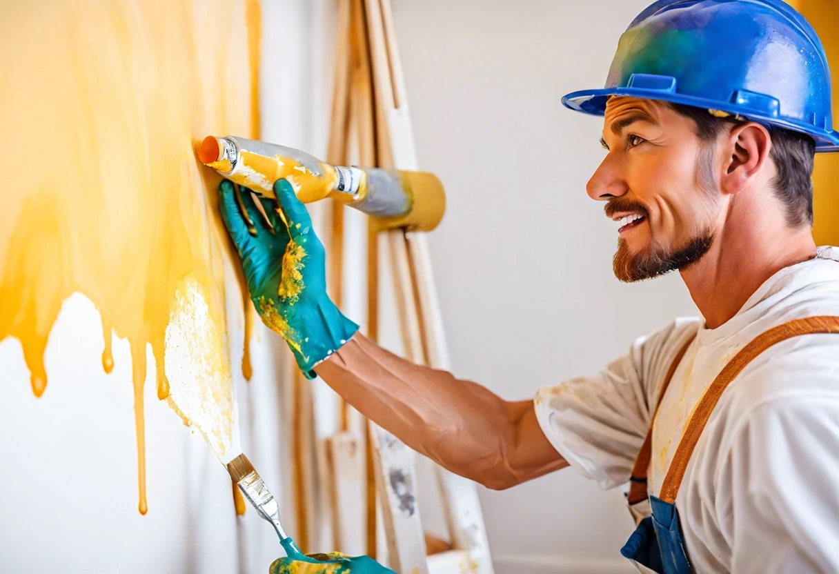 A person applying paint over latex caulk on a wall with a roller and brush, demonstrating the painting process.
