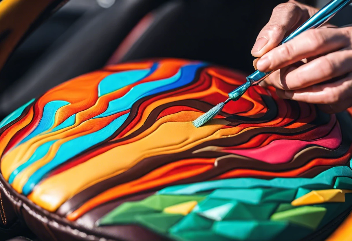 A close-up of a hand painting vibrant colors on a leather car seat.