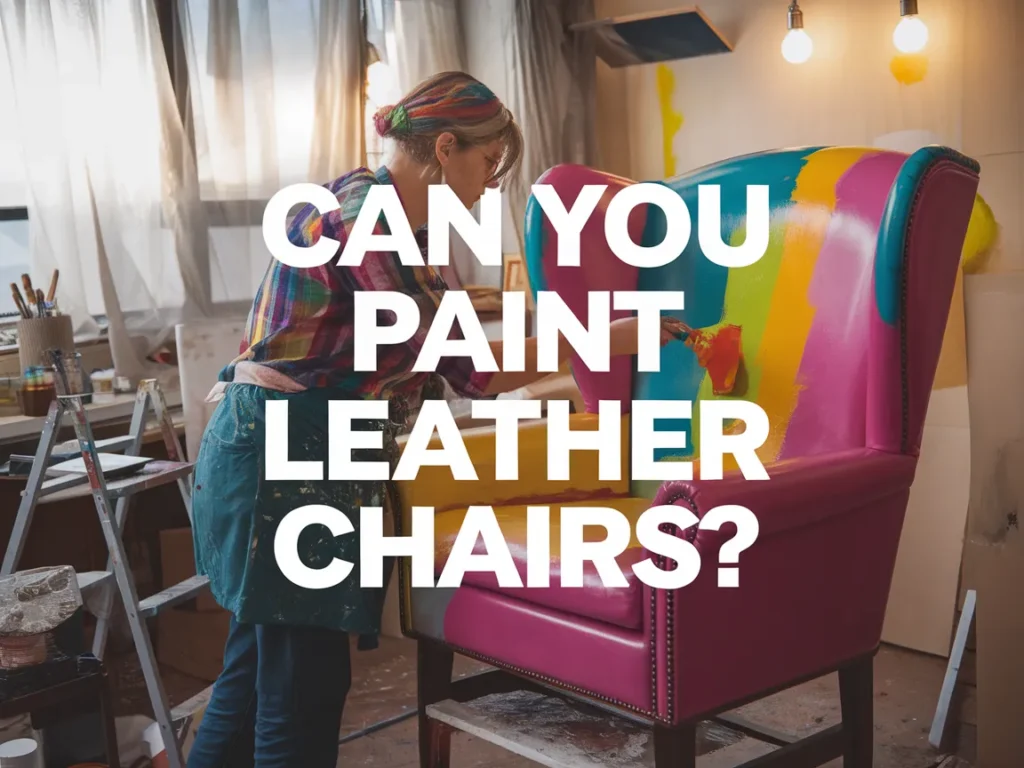 A woman painting a leather chair in bright colors, demonstrating the process of painting leather furniture.