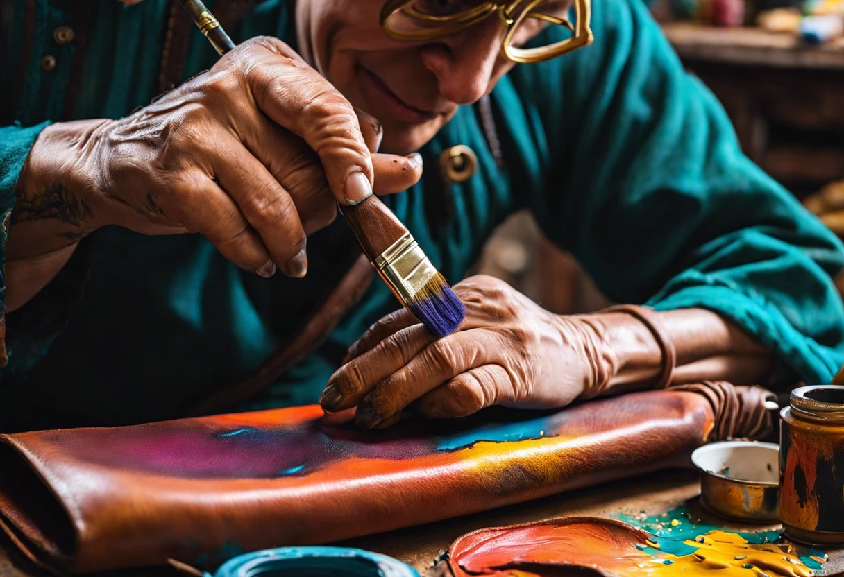 Person painting leather with a brush, demonstrating techniques for leather painting.
