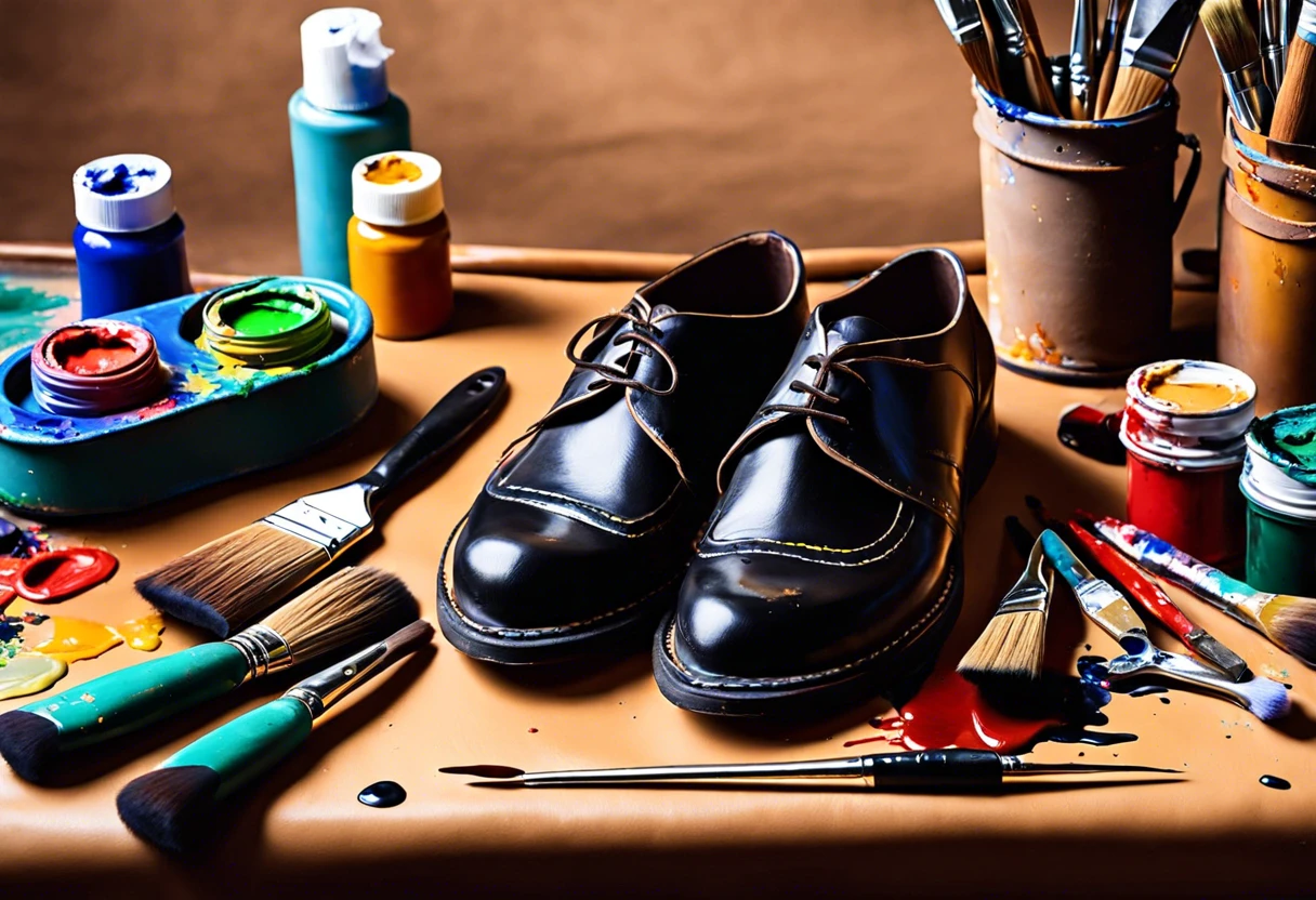Leather shoes with paint supplies, illustrating can you paint leather shoes.