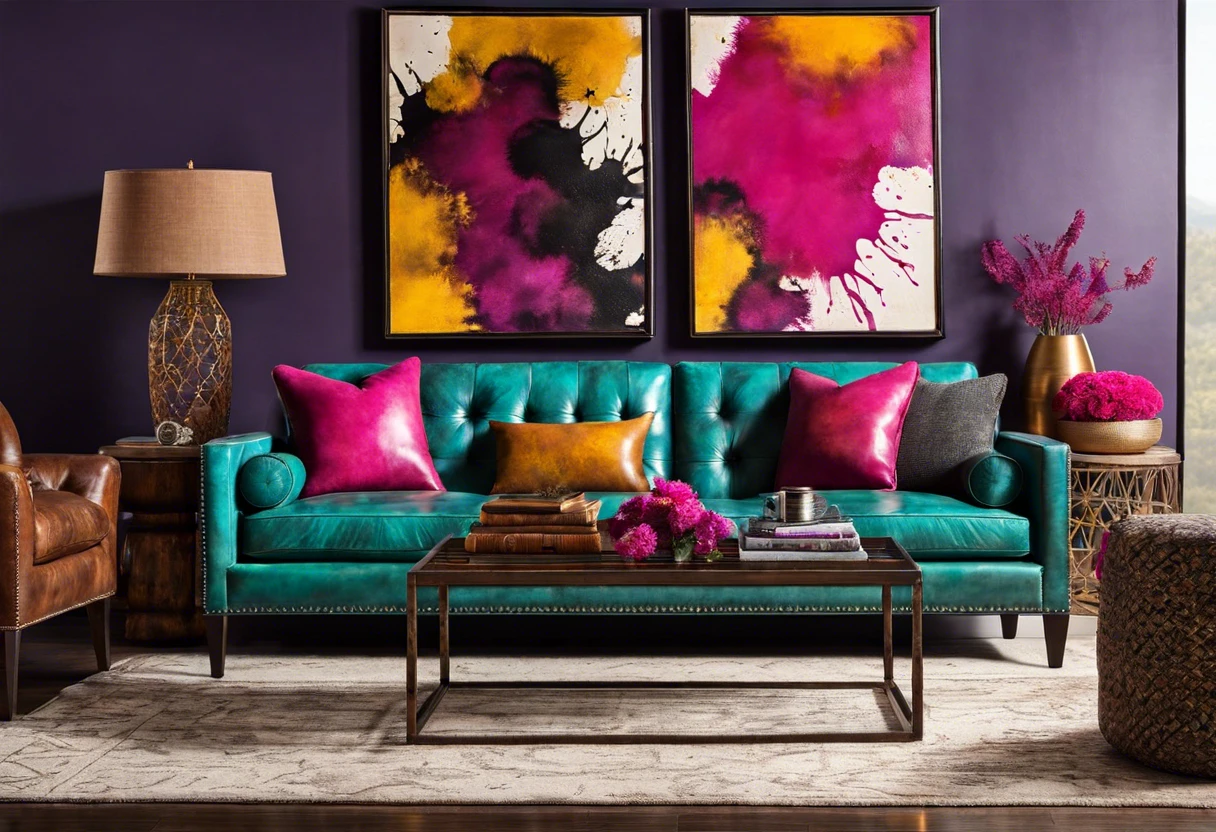 Colorful leather sofa with bright pillows and wall art, illustrating options for painting leather furniture.