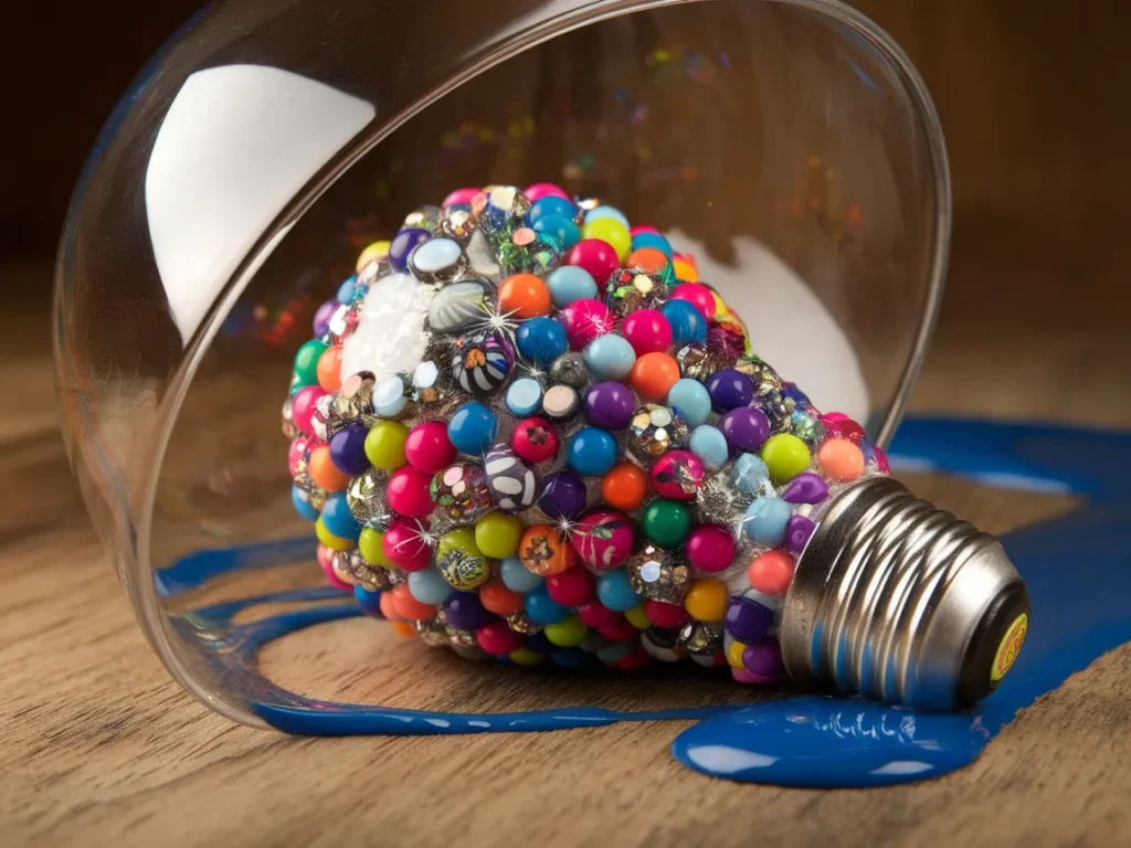 Colorfully decorated light bulb covered with beads, showcasing a creative painting technique with nail polish.