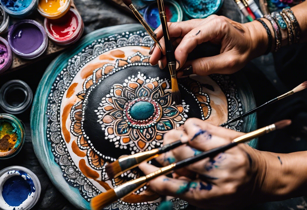 Hands painting a colorful mandala on a rock with brushes and paint