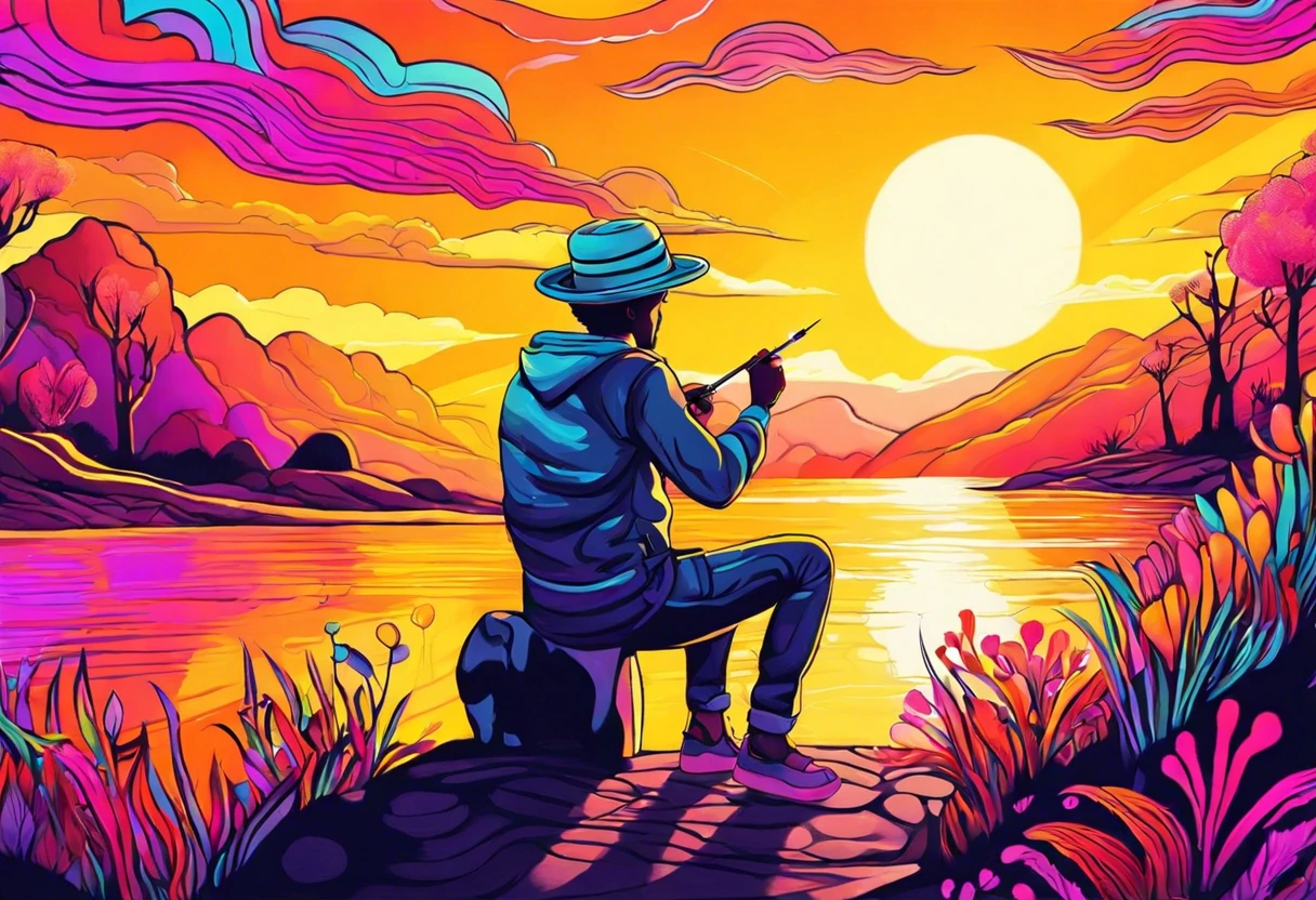 Illustration of an artist using a paint marker to create vibrant colors in a sunset landscape. Perfect example of what is a paint marker.