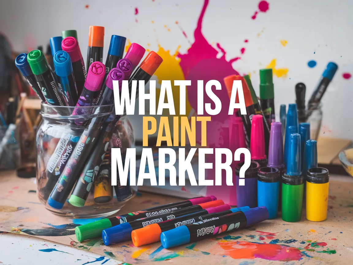 A collection of vibrant paint markers arranged on a colorful splattered surface, illustrating what a paint marker is.