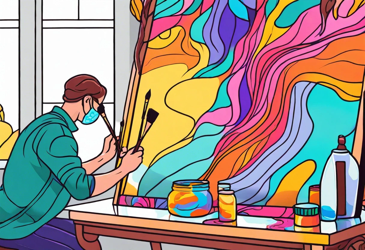 A person painting a colorful abstract design on a mirror surface, showcasing the technique of painting mirrors.
