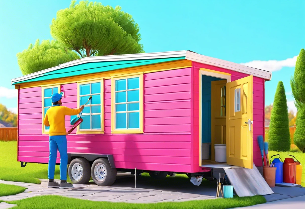 Person painting a yellow door on a colorful mobile home, demonstrating how to paint a mobile home door.