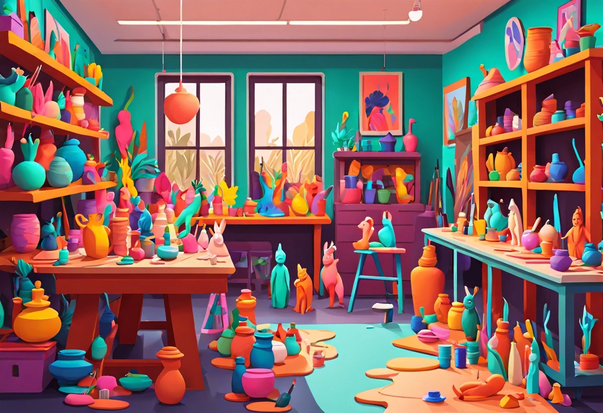 Colorful art studio filled with painted Model Magic sculptures and pottery.