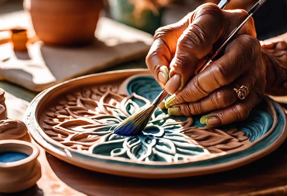 A close-up of a person painting intricate designs on modeling clay, highlighting the creative process of coloring clay.