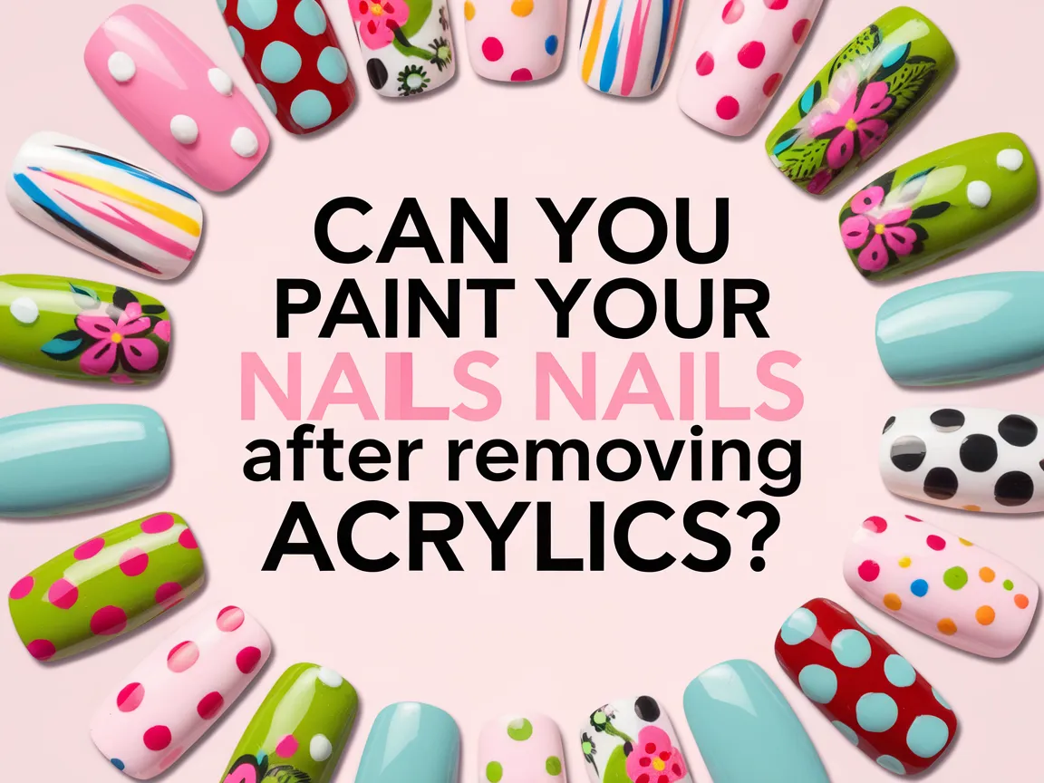 Colorful painted nails arranged in a circle, demonstrating nail art options after acrylics removal.