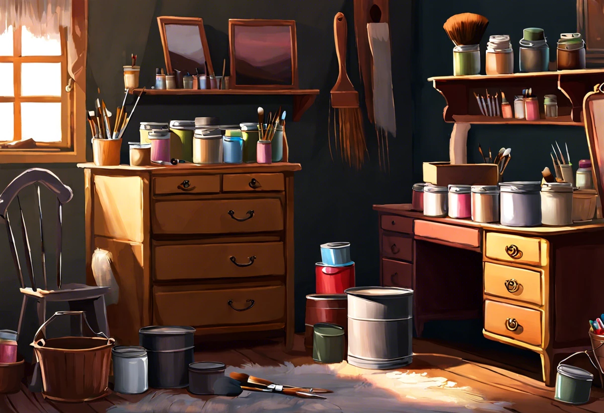 A colorful workspace showcasing various paint cans and brushes for painting a dresser, illustrating how much paint is needed.