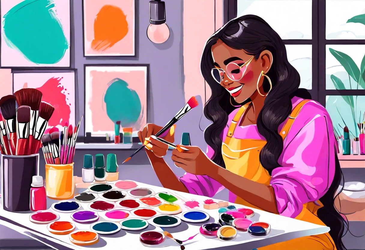 Woman painting on top of acrylic nails with colorful nail polish