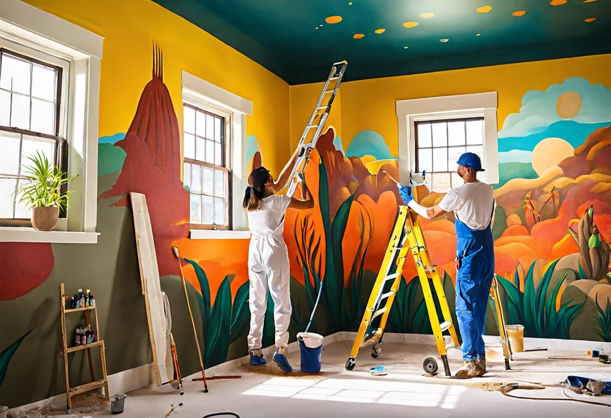 Two people painting a colorful mural directly on drywall in a room with large windows.