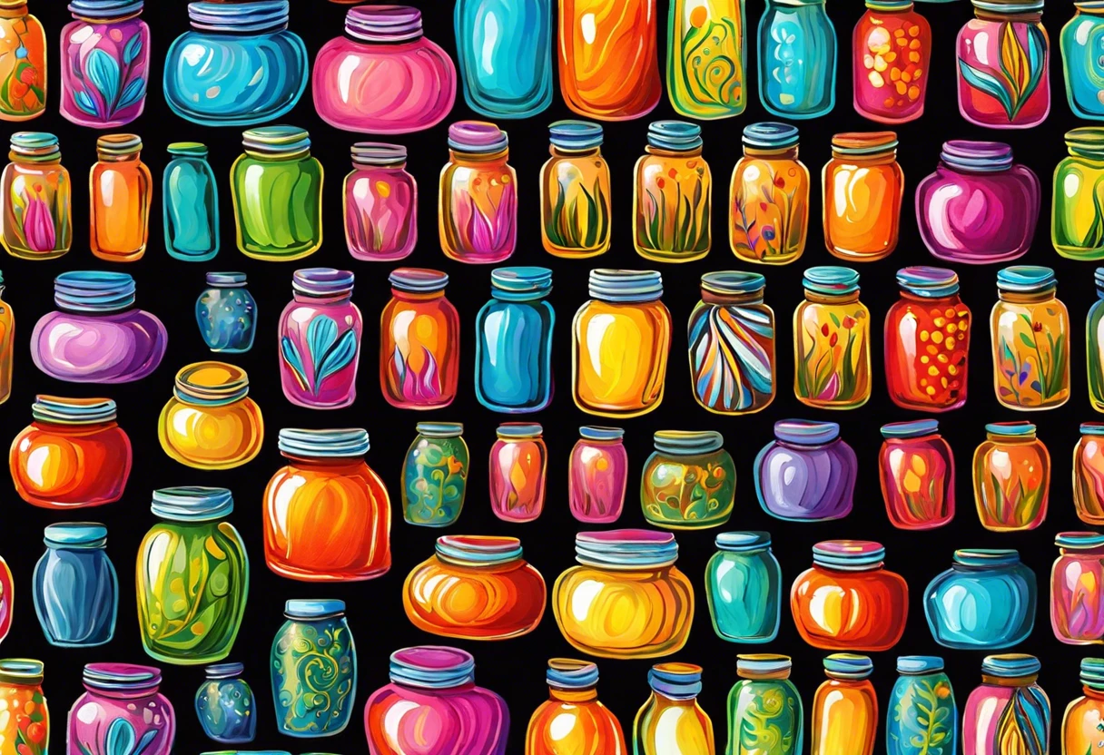 Colorful glass jars painted with different types of paint suitable for glass surfaces.