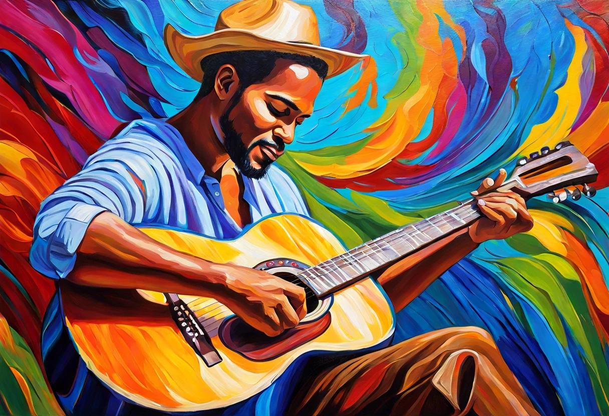 Colorful painting of a man playing an acoustic guitar, illustrating creativity in guitar art.